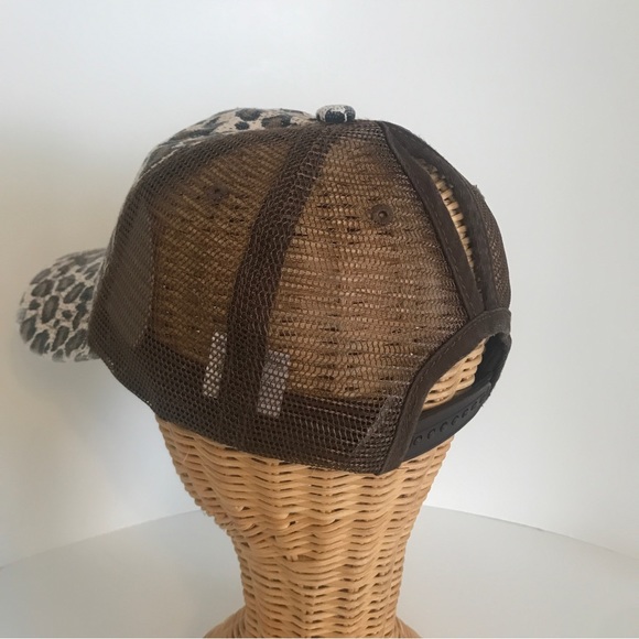 Distressed Canvas, Mesh Back Ponytail Hat Adjustable. Leopard Print - Picture 6 of 13